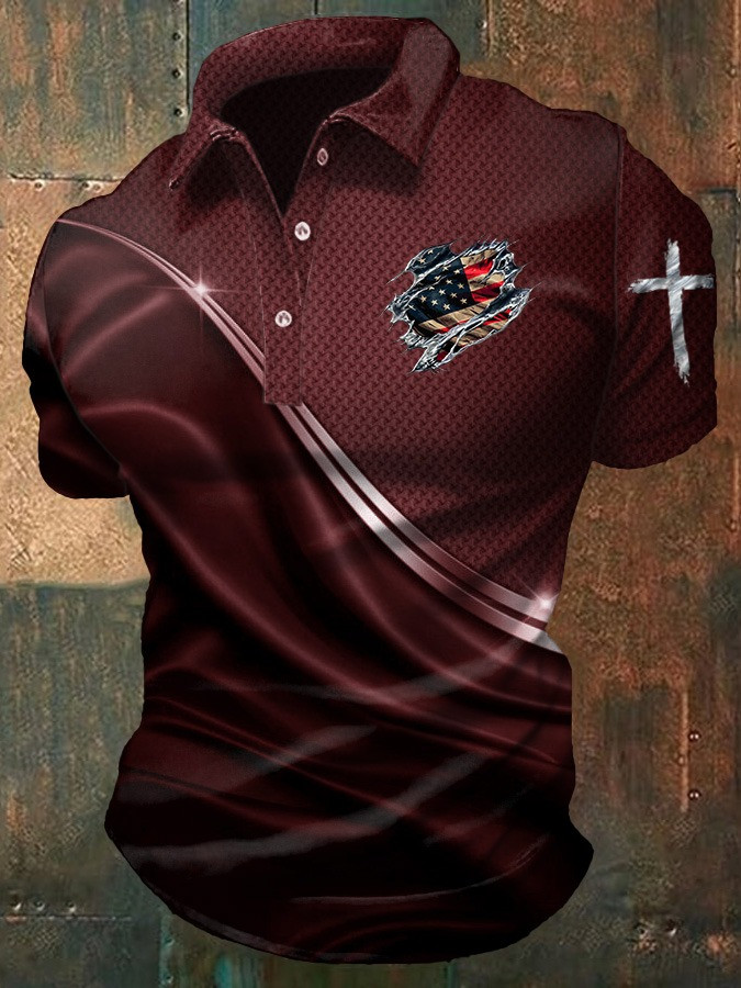 Christian Cross American Flag Men's Polo Shirt Unique Patriotic Faith Tee Gifts For Him Christian Cross American Flag Men's Polo Shirt Unique Patriotic Faith Tee Gifts For Him