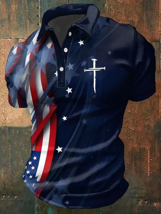 Christian Cross Nail American Flag 4Th Of July Polo Shirt Men's Faith Christian Apparel Christian Cross Nail American Flag 4Th Of July Polo Shirt Men's Faith Christian Apparel