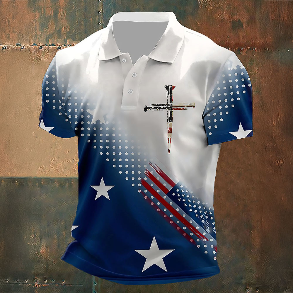 Cross Christ American Flag Polo Shirt Patriotic Faith Golf Gift For Him Cross Christ American Flag Polo Shirt Patriotic Faith Golf Gift For Him