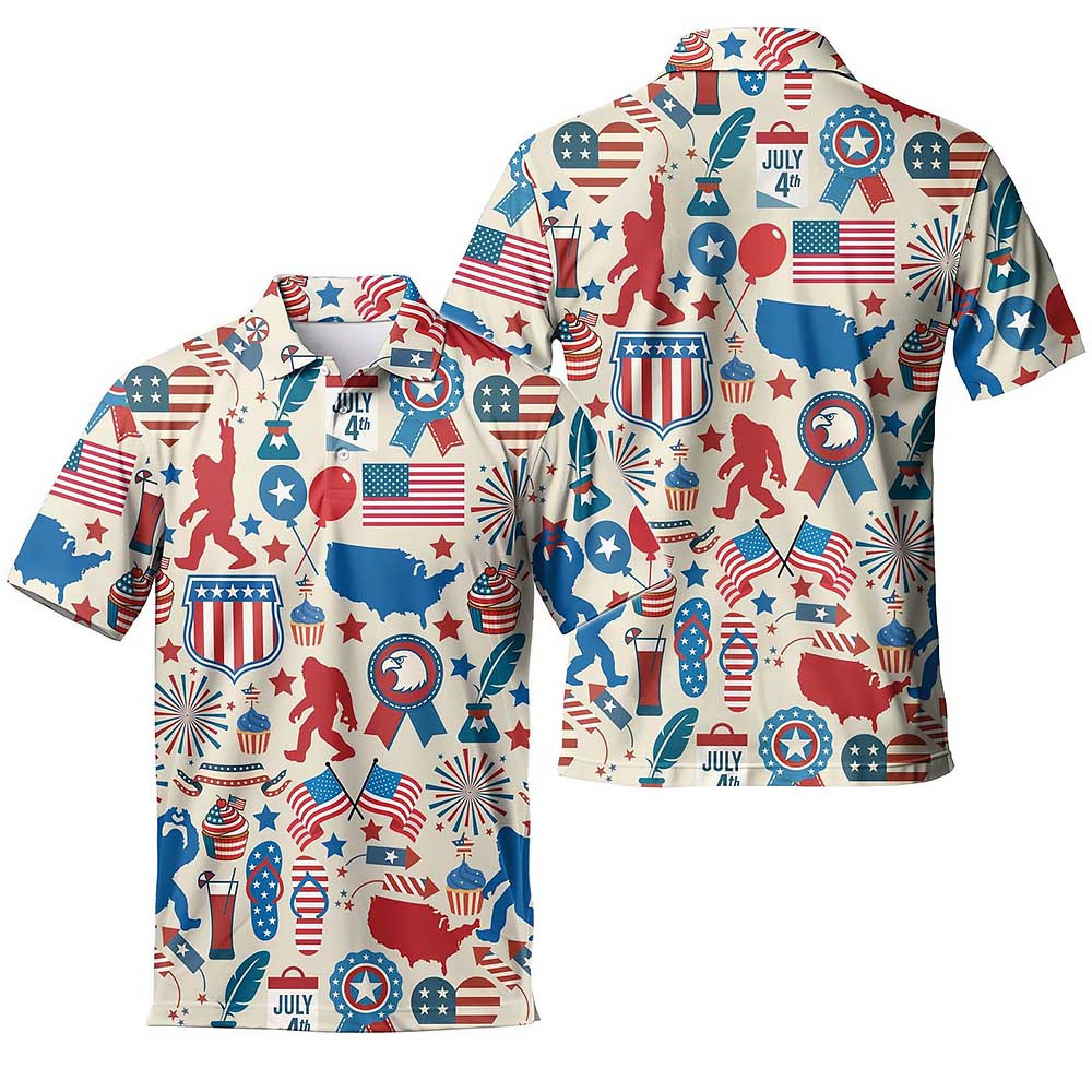 Funny Independence Day Bigfoot Pattern Polo Shirt Patriotic Polo Shirts Men's Funny Independence Day Bigfoot Pattern Polo Shirt Patriotic Polo Shirts Men's