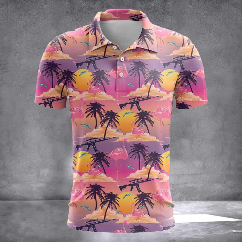 Pink Flamingo Guns Sunset Polo Shirt Men's Best Unique Father's Day Gift Ideas For Dad Pink Flamingo Guns Sunset Polo Shirt Men's Best Unique Father's Day Gift Ideas For Dad