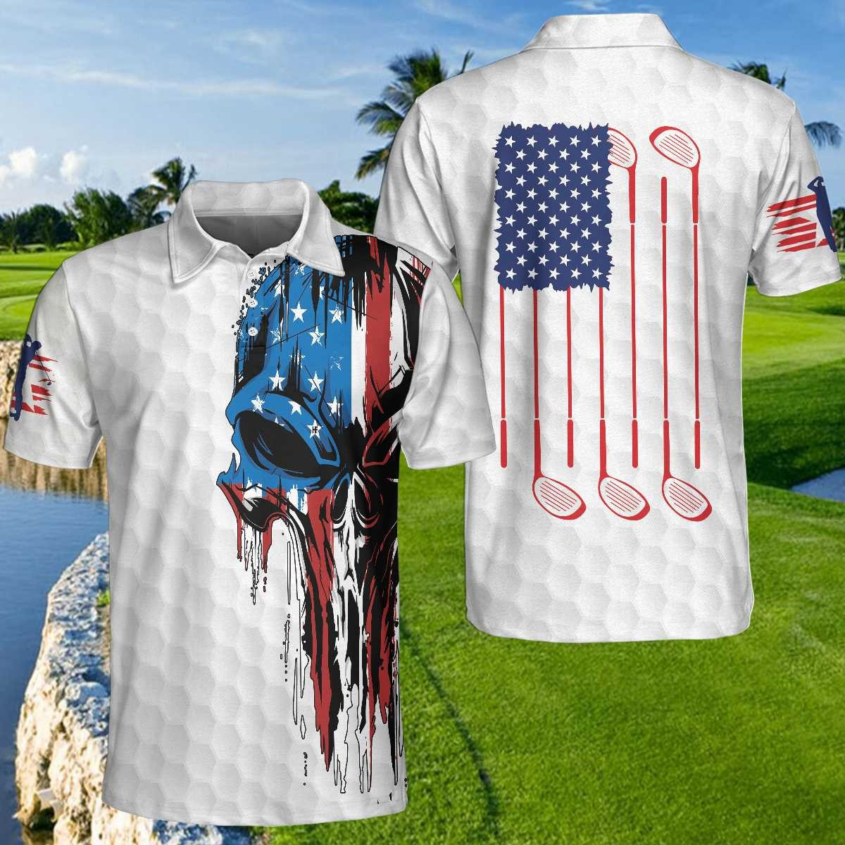 Skull Golf American Flag Polo Shirt White Golf Shirt Patriotic Gifts For Dad Skull Golf American Flag Polo Shirt White Golf Shirt Patriotic Gifts For Dad