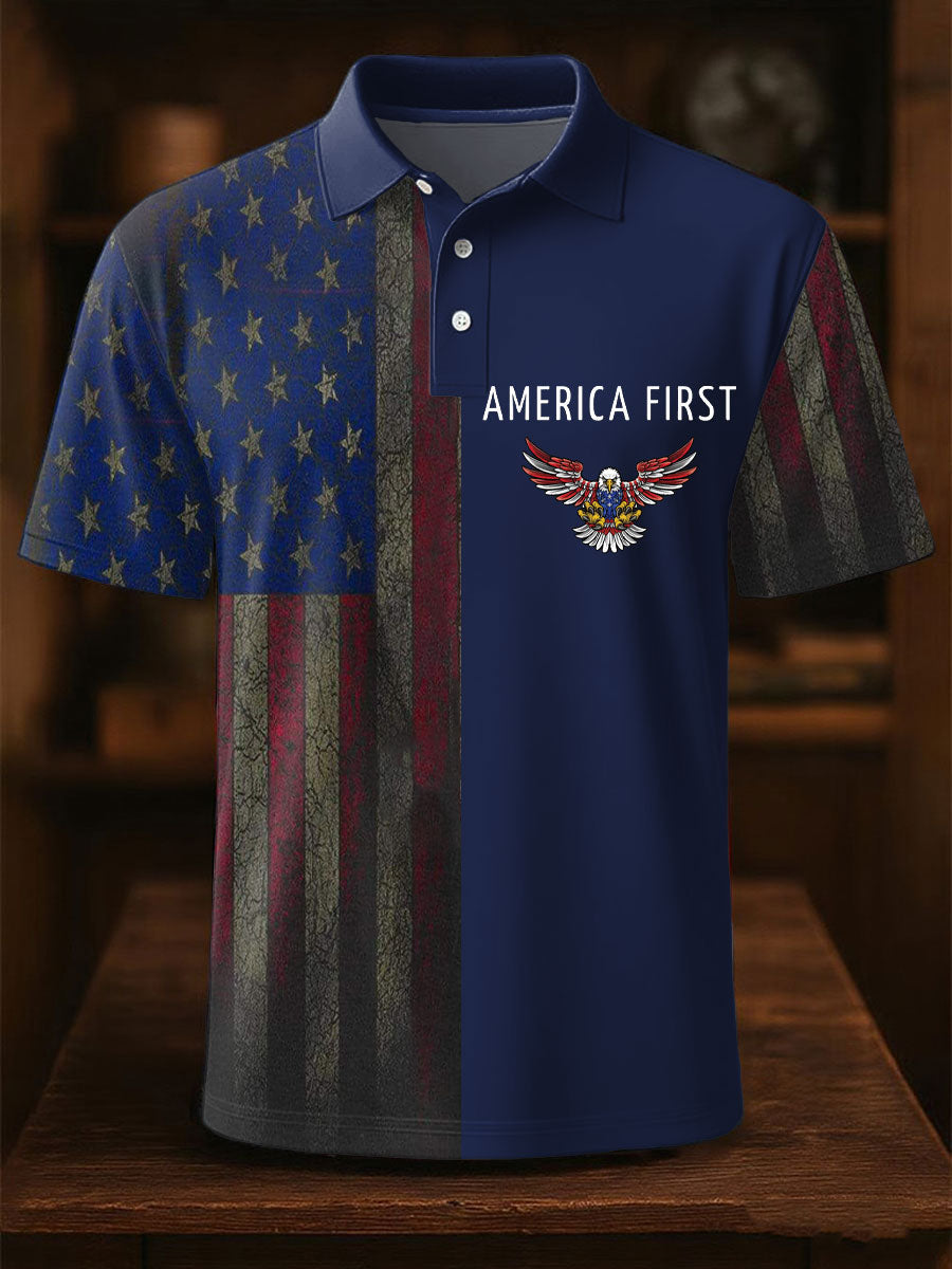 America First Polo Shirt with USA Flag Gift for Patriotic Supporters Classic Casual Top America First Polo Shirt with USA Flag Gift for Patriotic Supporters Classic Casual Top