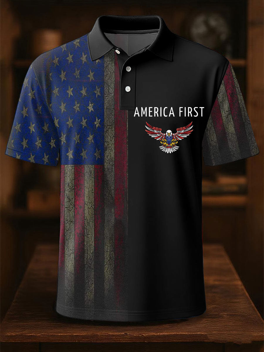 America First Polo Shirt with USA Flag Gift for Patriotic Supporters Classic Casual Top America First Polo Shirt with USA Flag Gift for Patriotic Supporters Classic Casual Top