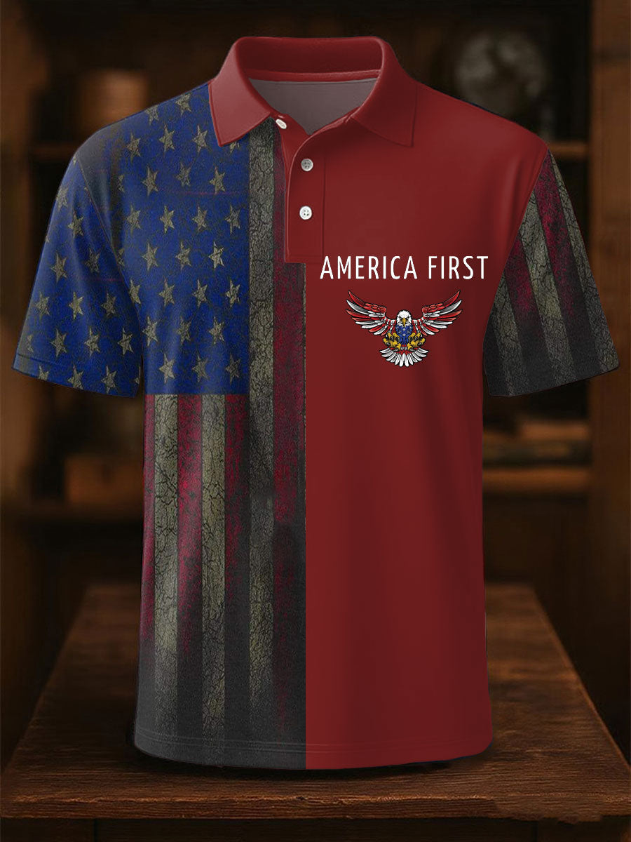 America First Polo Shirt with USA Flag Gift for Patriotic Supporters Classic Casual Top America First Polo Shirt with USA Flag Gift for Patriotic Supporters Classic Casual Top