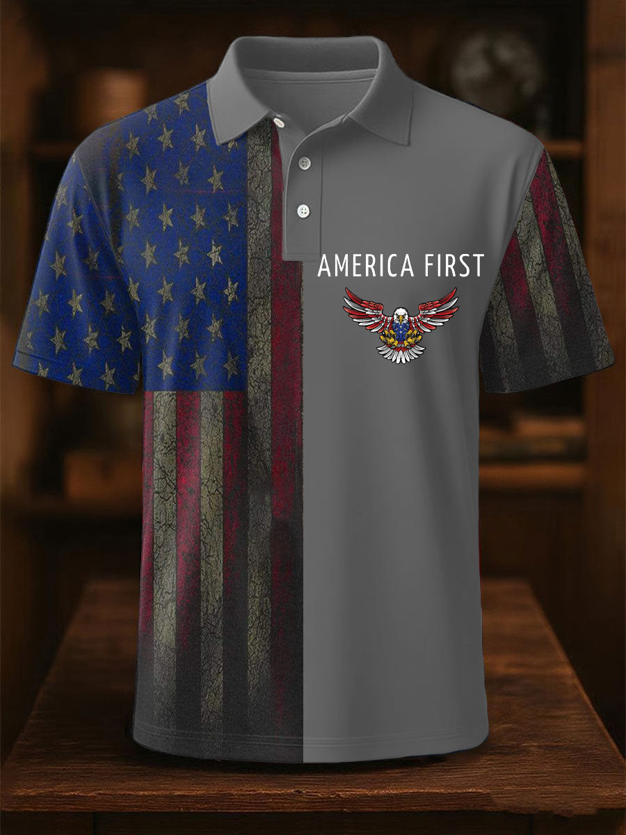 America First Polo Shirt with USA Flag Gift for Patriotic Supporters Classic Casual Top America First Polo Shirt with USA Flag Gift for Patriotic Supporters Classic Casual Top