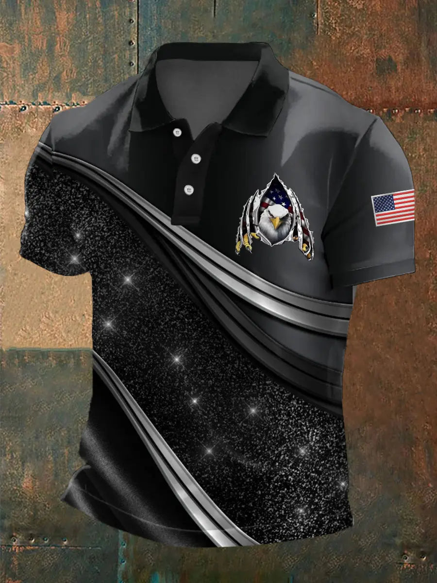 American Flag Bald Eagle Polo Shirt with Artistic Geometric Print Gift for Patriotic Fans American Flag Bald Eagle Polo Shirt with Artistic Geometric Print Gift for Patriotic Fans