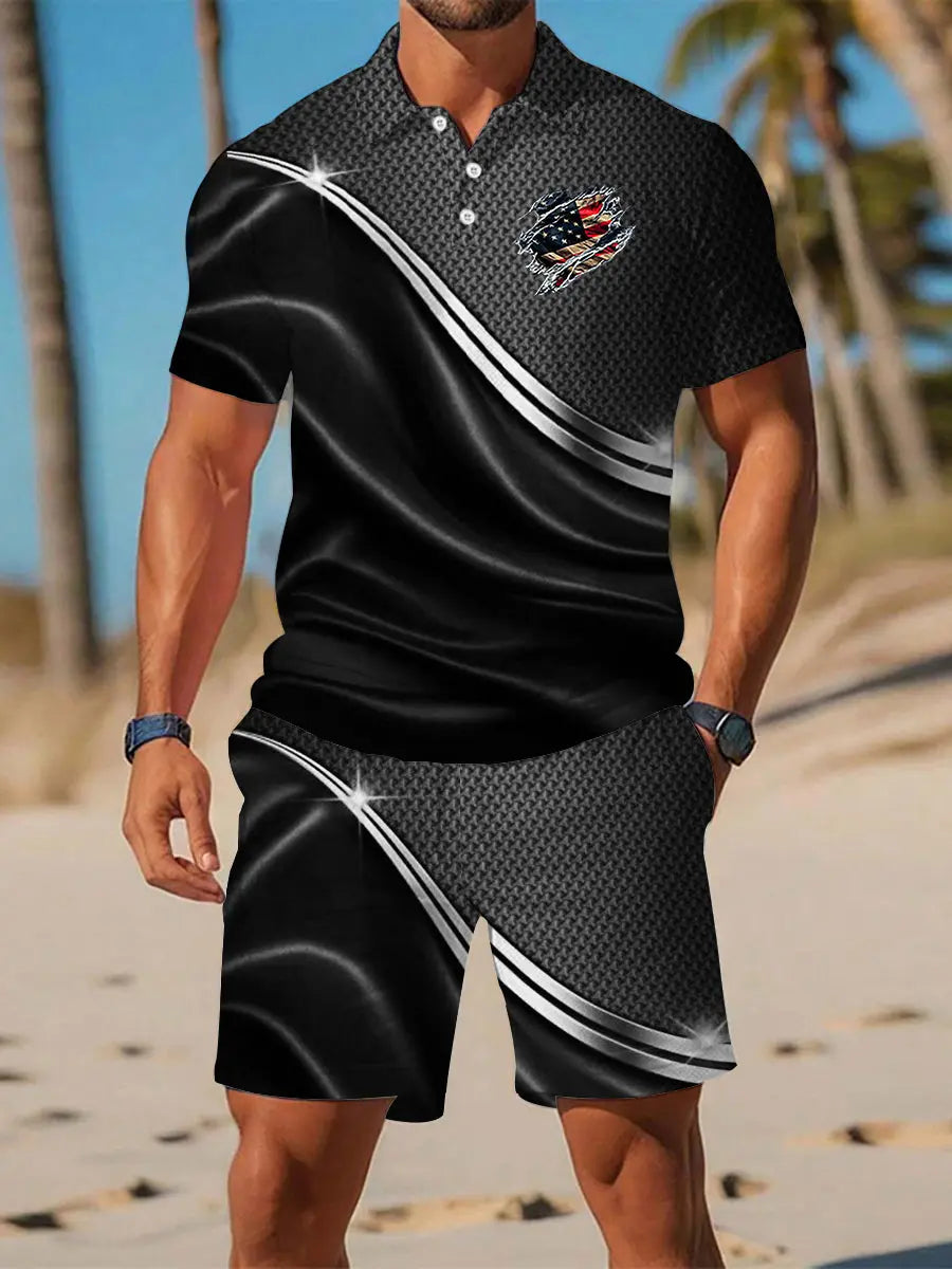 American Flag Men's Polo Shirt and Shorts Set Patriotic Gift Casual Wear for Independence Day American Flag Men's Polo Shirt and Shorts Set Patriotic Gift Casual Wear for Independence Day
