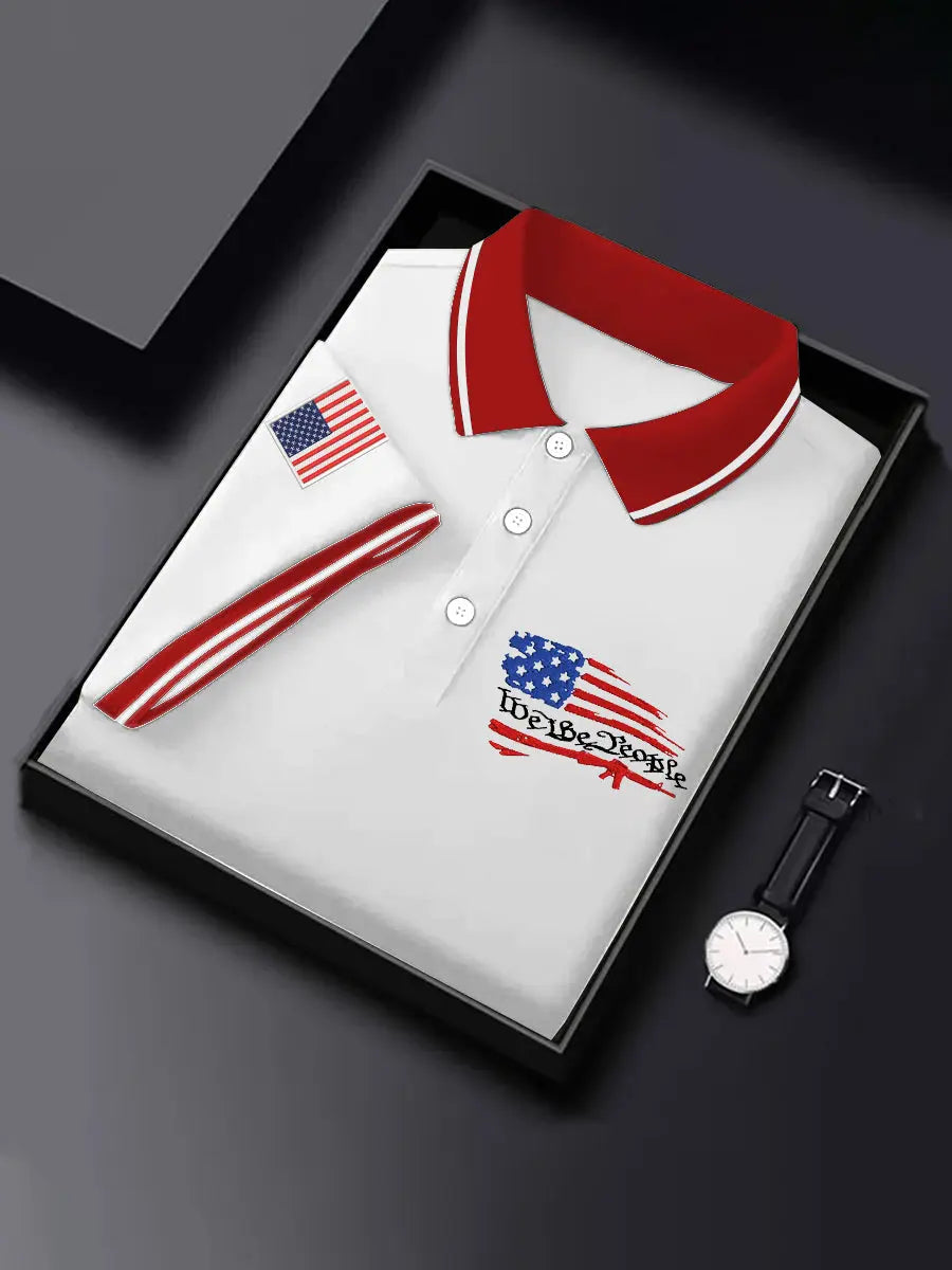 American Flag Polo Shirt Patriotic Gift for USA Supporters with We The People Design American Flag Polo Shirt Patriotic Gift for USA Supporters with We The People Design