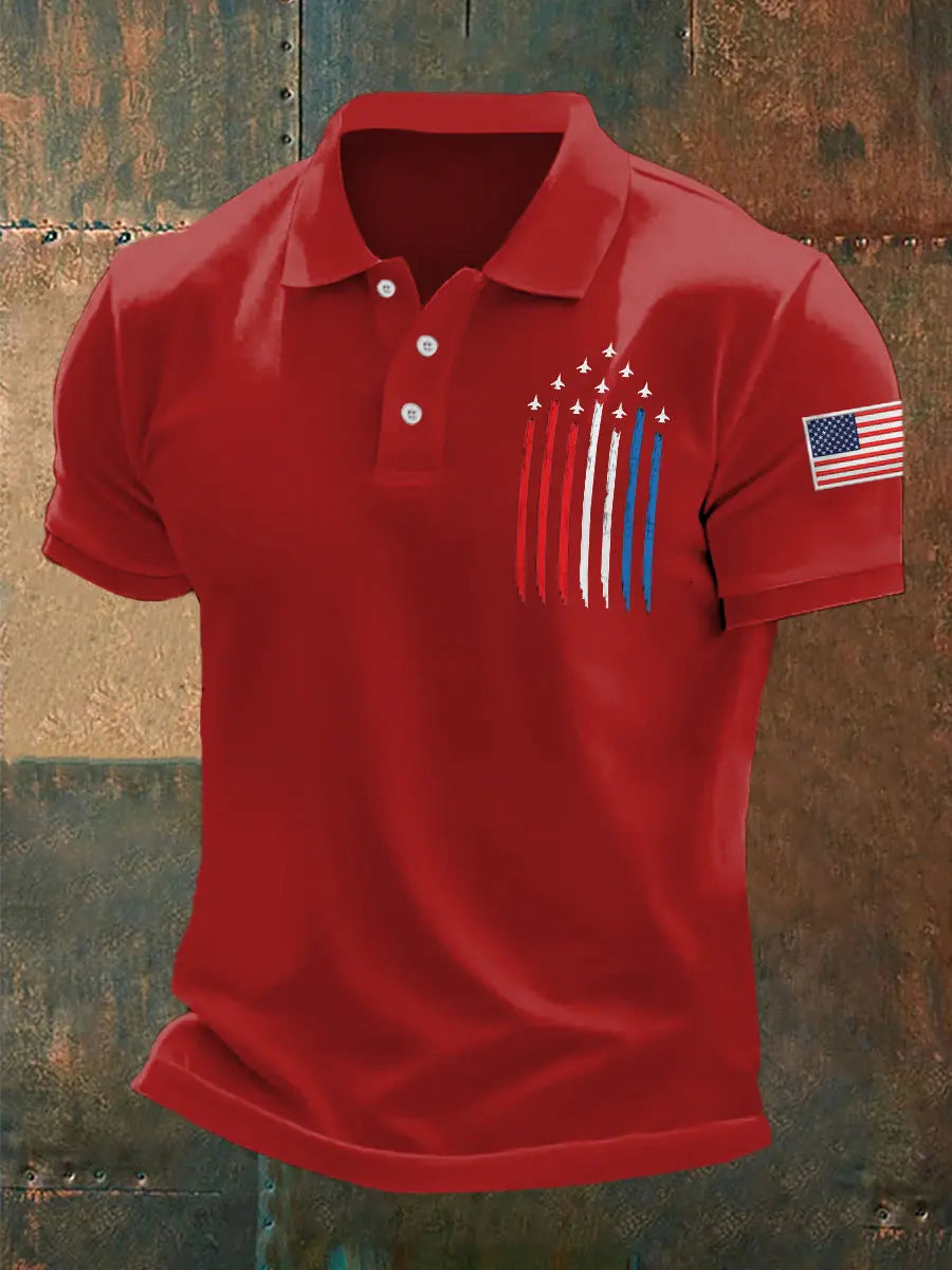 American Flag Polo Shirt with Jet Plane Print Patriotic Gift for Independence Day Fans American Flag Polo Shirt with Jet Plane Print Patriotic Gift for Independence Day Fans