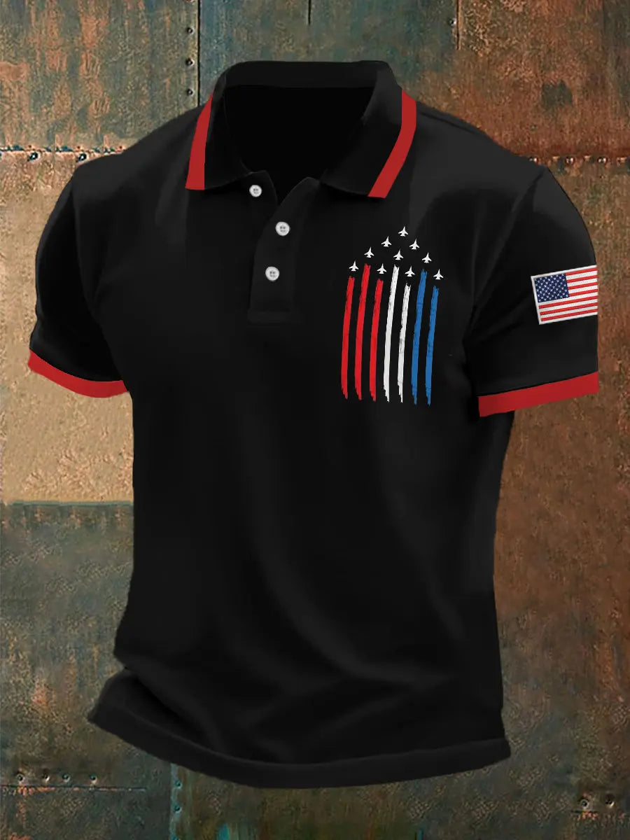 American Flag Polo Shirt with Jet Plane Print Patriotic Gift for Independence Day Fans American Flag Polo Shirt with Jet Plane Print Patriotic Gift for Independence Day Fans