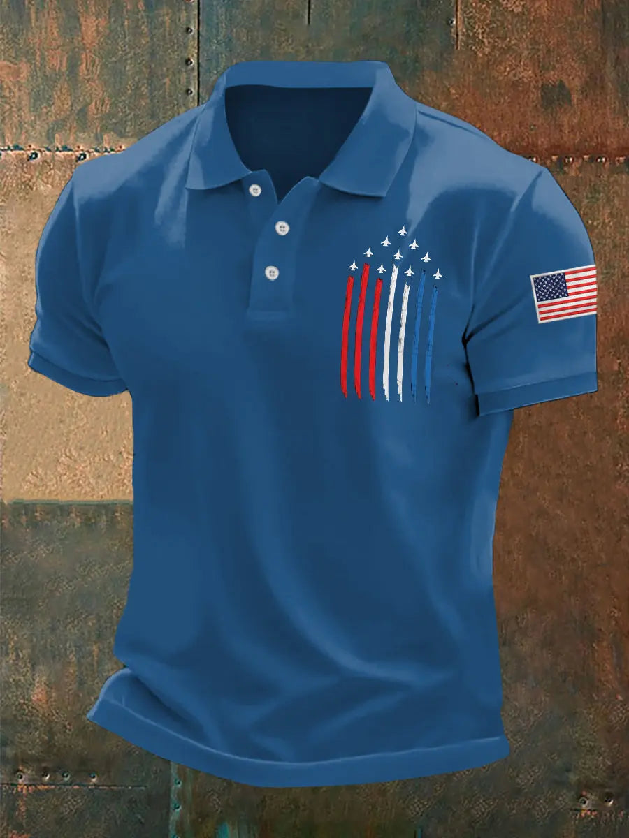 American Flag Polo Shirt with Jet Plane Print Patriotic Gift for Independence Day Fans American Flag Polo Shirt with Jet Plane Print Patriotic Gift for Independence Day Fans