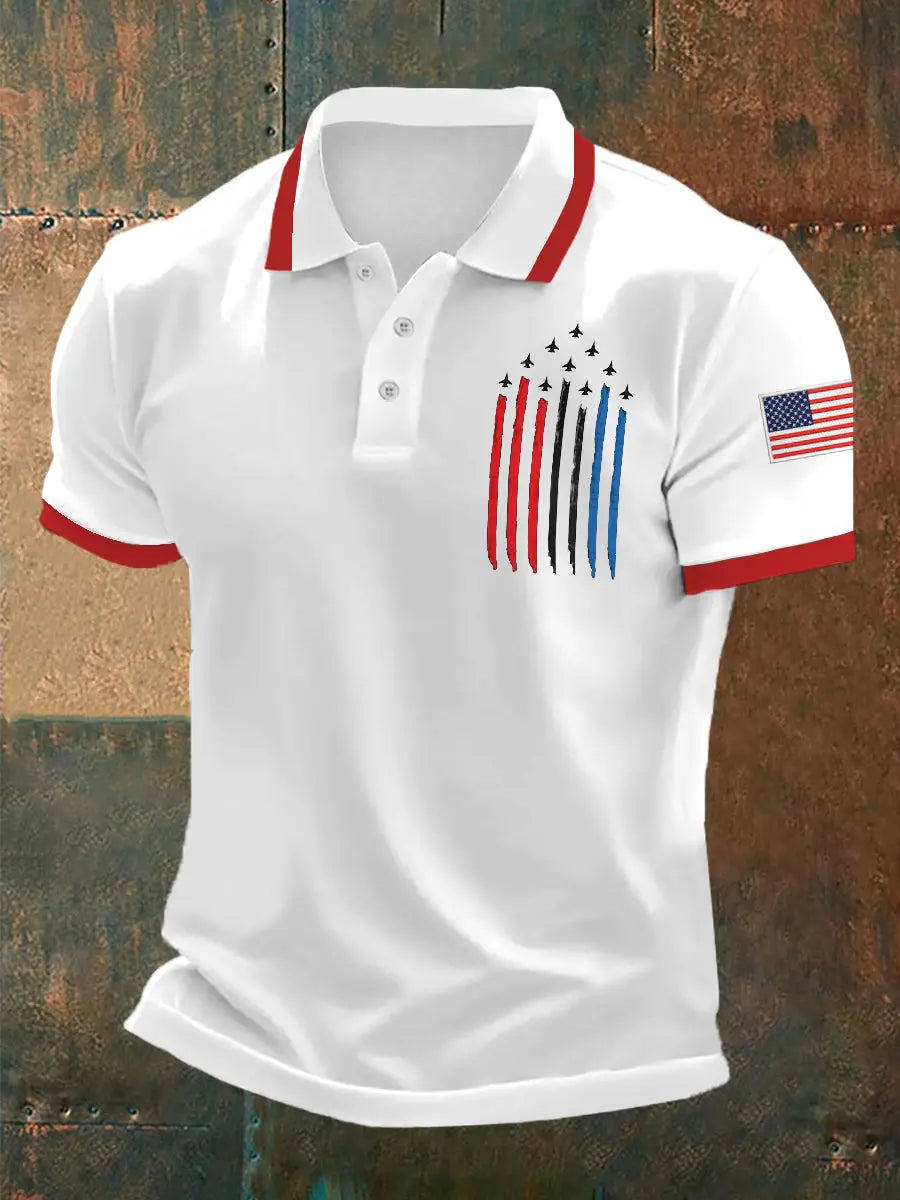 American Flag Polo Shirt with Jet Plane Print Patriotic Gift for Independence Day Fans American Flag Polo Shirt with Jet Plane Print Patriotic Gift for Independence Day Fans