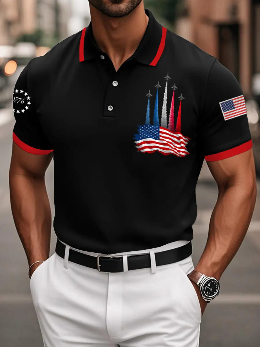 American Flag Polo Shirt with Jet Planes Patriotic Gift for Independence Day Enthusiasts American Flag Polo Shirt with Jet Planes Patriotic Gift for Independence Day Enthusiasts