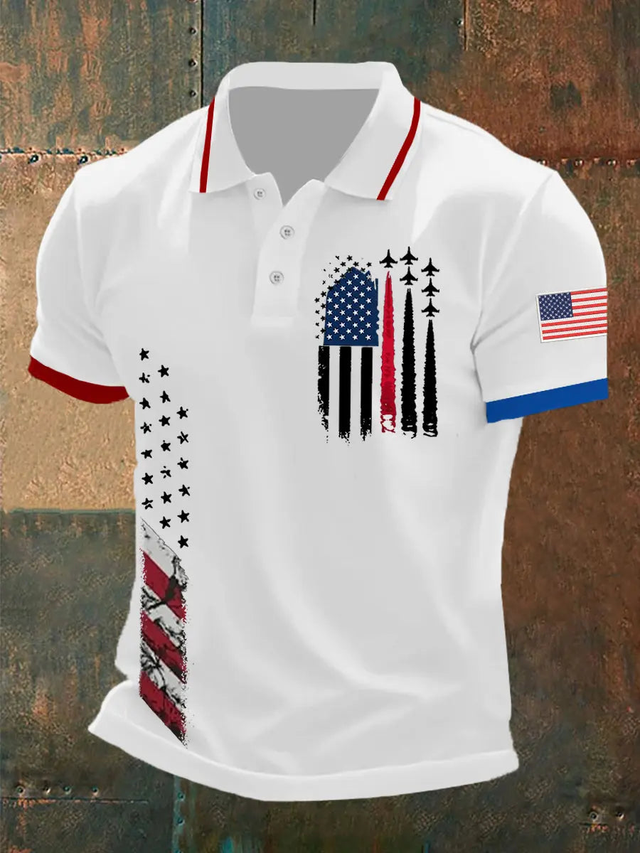 American Flag Polo Shirt with Jet Planes Print Patriotic Gift for Independence Day Enthusiasts American Flag Polo Shirt with Jet Planes Print Patriotic Gift for Independence Day Enthusiasts