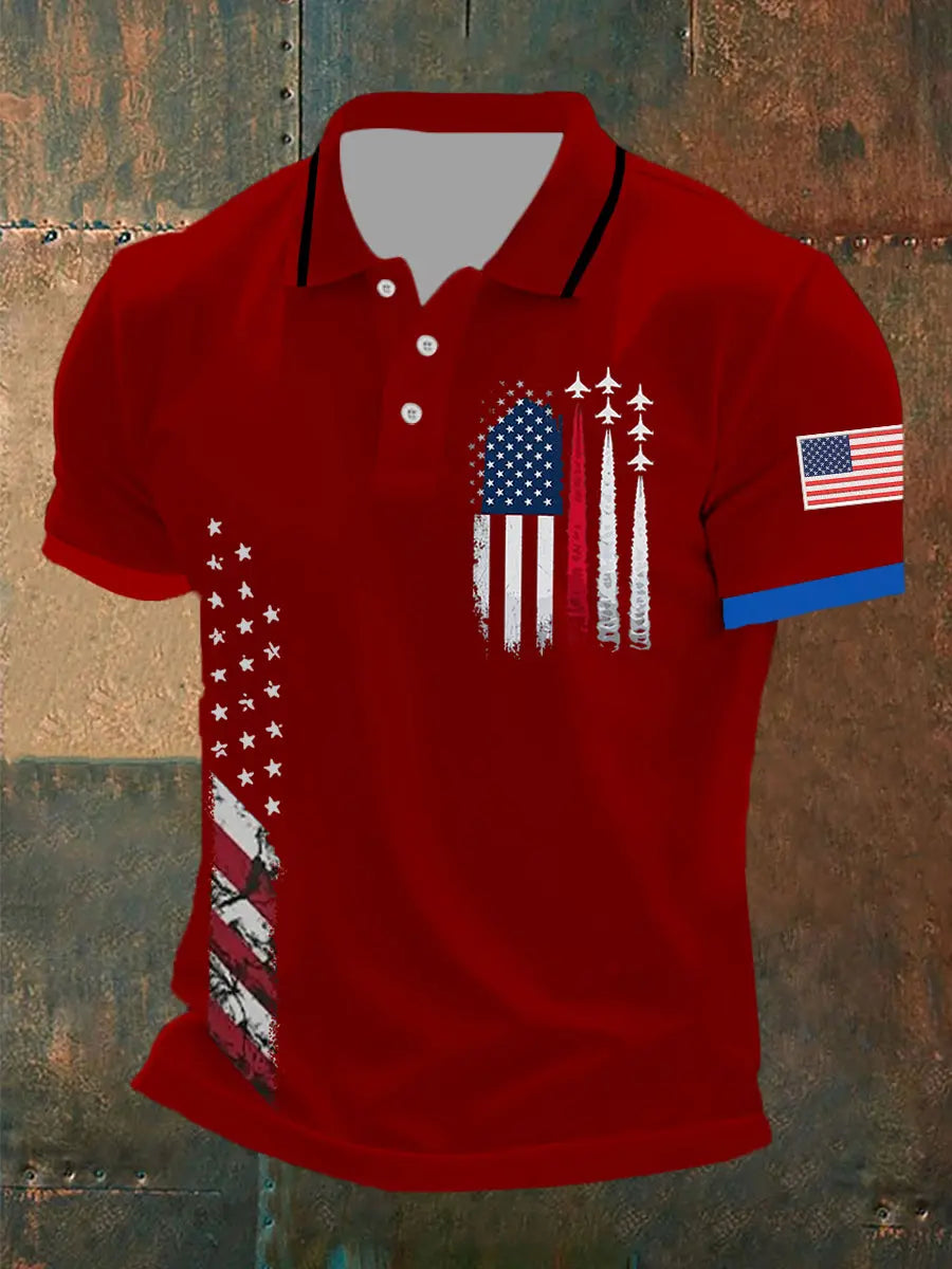 American Flag Polo Shirt with Jet Planes Print Patriotic Gift for Independence Day Enthusiasts American Flag Polo Shirt with Jet Planes Print Patriotic Gift for Independence Day Enthusiasts