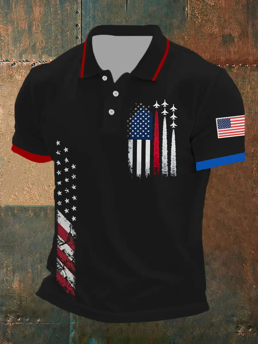 American Flag Polo Shirt with Jet Planes Print Patriotic Gift for Independence Day Enthusiasts American Flag Polo Shirt with Jet Planes Print Patriotic Gift for Independence Day Enthusiasts