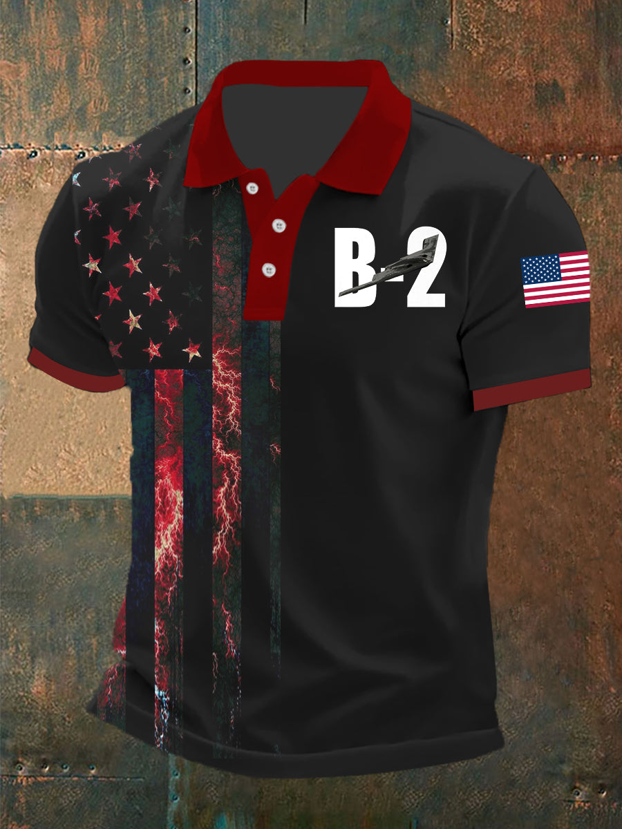 B2 Spirit Bomber Men's Polo Shirt with USA Flag Gift for Aviation Enthusiasts Supporters B2 Spirit Bomber Men's Polo Shirt with USA Flag Gift for Aviation Enthusiasts Supporters