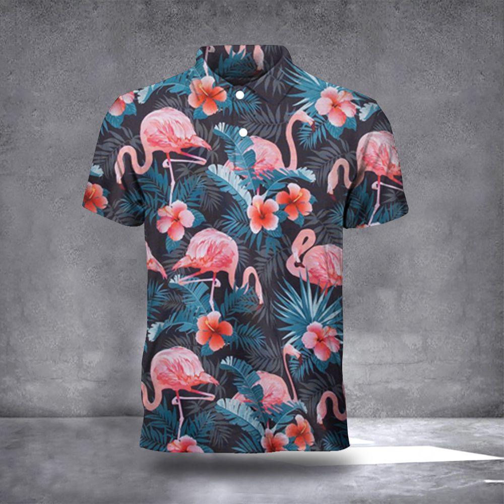 Flamingo Polo Shirt Hibiscus Tropical Print Flamingo Apparel Gift Flamingo Polo Shirt Hibiscus Tropical Print Flamingo Apparel Gift