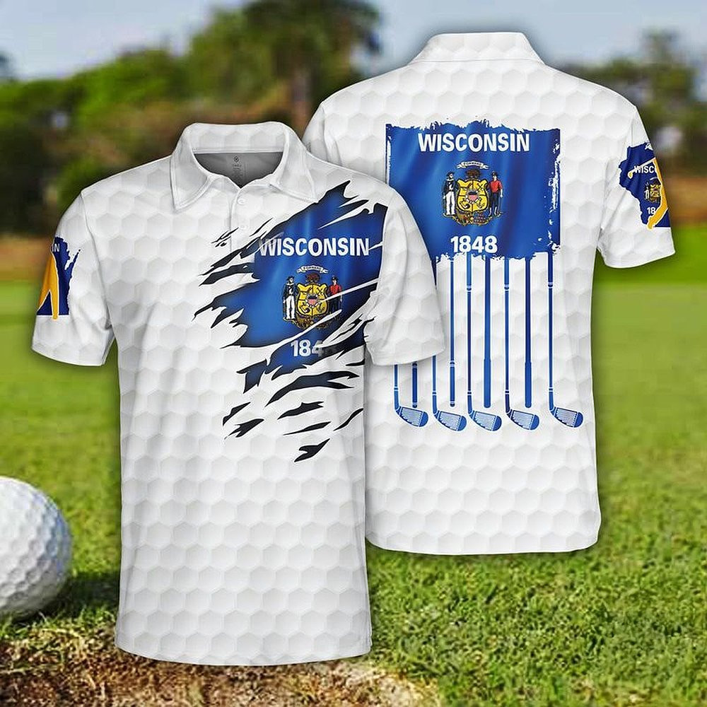 Golf Wisconsin 1848 Flag Polo Shirt Gifts For Golf Lovers Golf Wisconsin 1848 Flag Polo Shirt Gifts For Golf Lovers