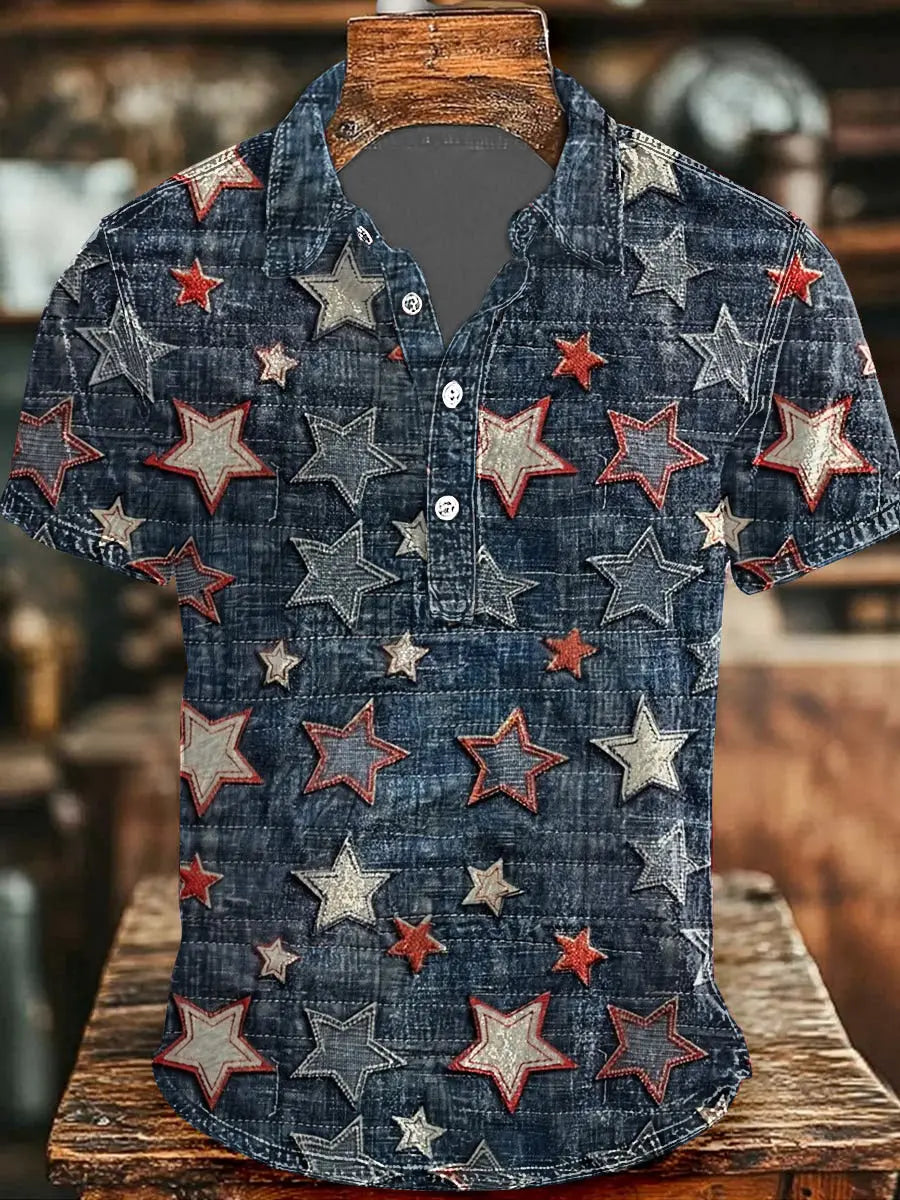 Independence Day Denim Shirt Men's Short Sleeve Star Print Patriotic Gift for USA Fans Independence Day Denim Shirt Men's Short Sleeve Star Print Patriotic Gift for USA Fans
