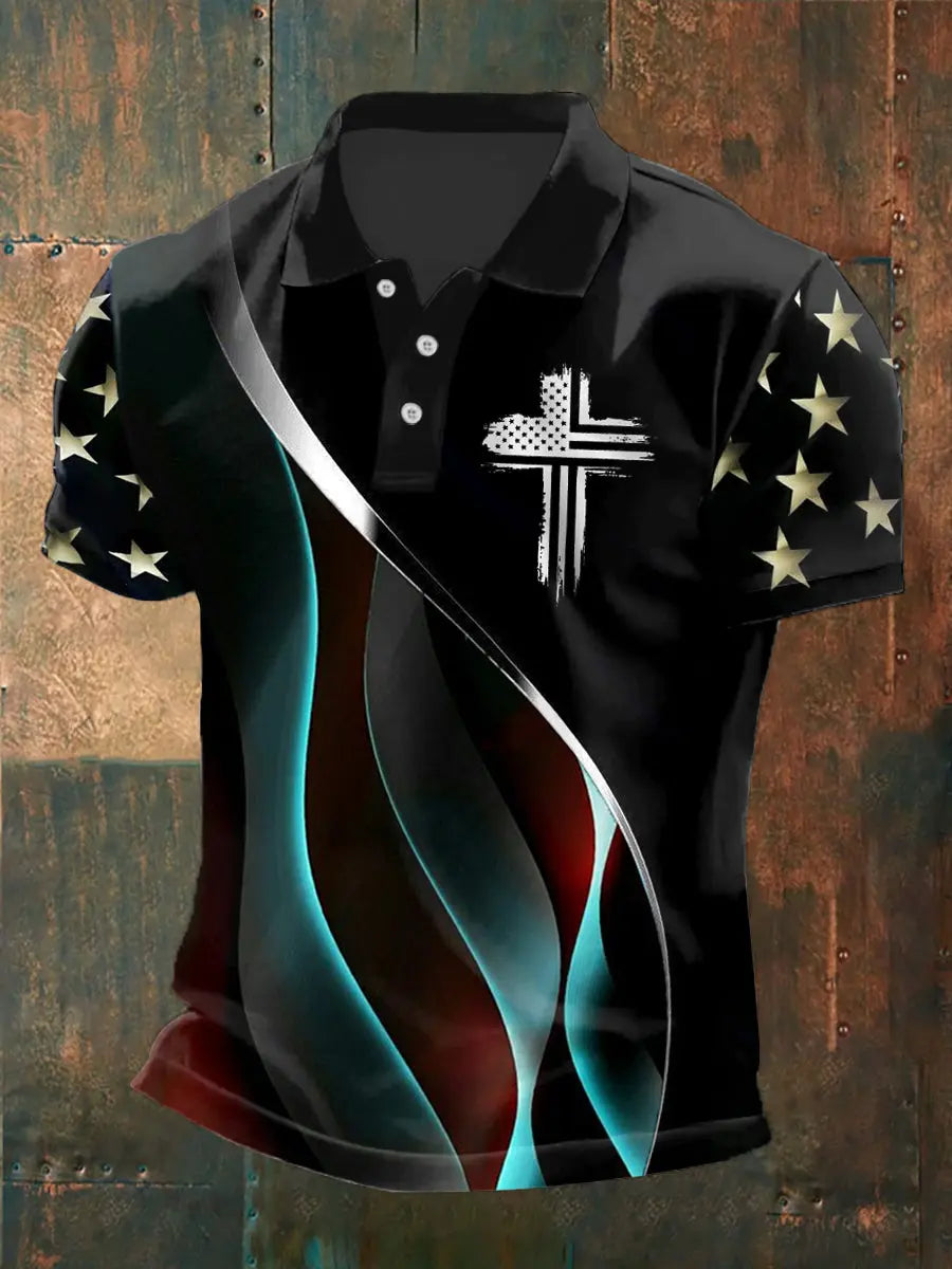 Independence Day Flag Print Polo Shirt for Patriotic Americans Gift for Christian Fans Independence Day Flag Print Polo Shirt for Patriotic Americans Gift for Christian Fans