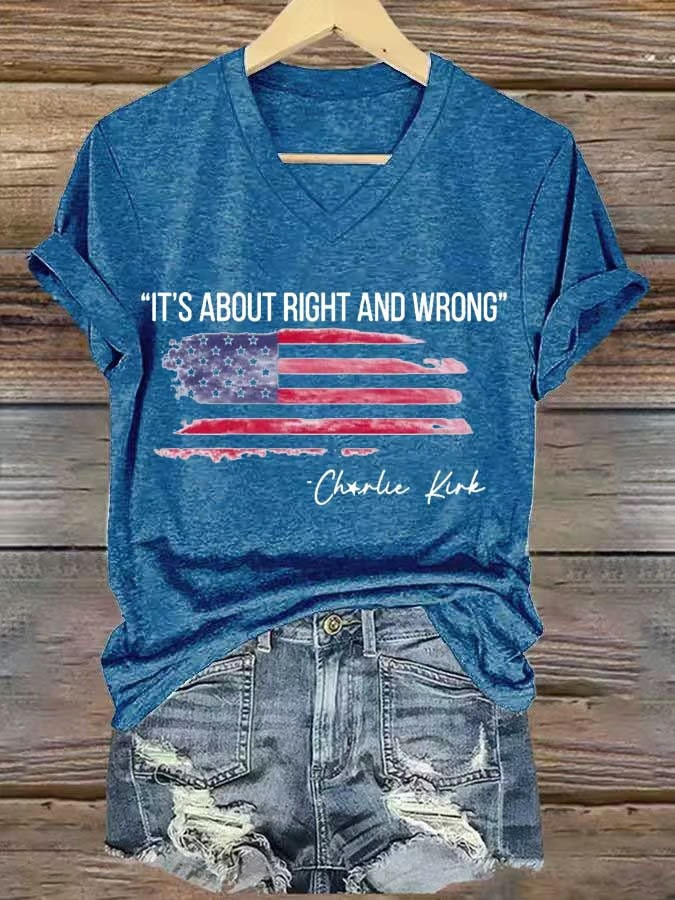 It's About Right And Wrong Charlie Kirk V-neck Shirt U.S Flag Charlie Kirk 47 Merch It's About Right And Wrong Charlie Kirk V-neck Shirt U.S Flag Charlie Kirk 47 Merch