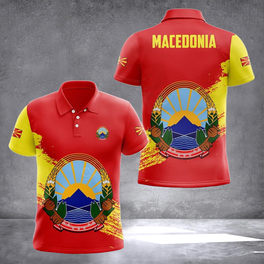 Macedonia Coat Of Arms Polo Shirt Macedonian Flag Crest Emblem Golf Polo For Men Macedonia Coat Of Arms Polo Shirt Macedonian Flag Crest Emblem Golf Polo For Men