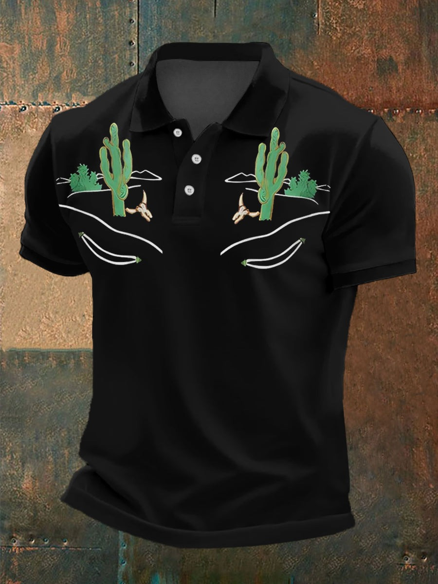 Men's Retro Western Bull Skull Desert Cactus Polo Shirt Gifts For Dad Men's Retro Western Bull Skull Desert Cactus Polo Shirt Gifts For Dad