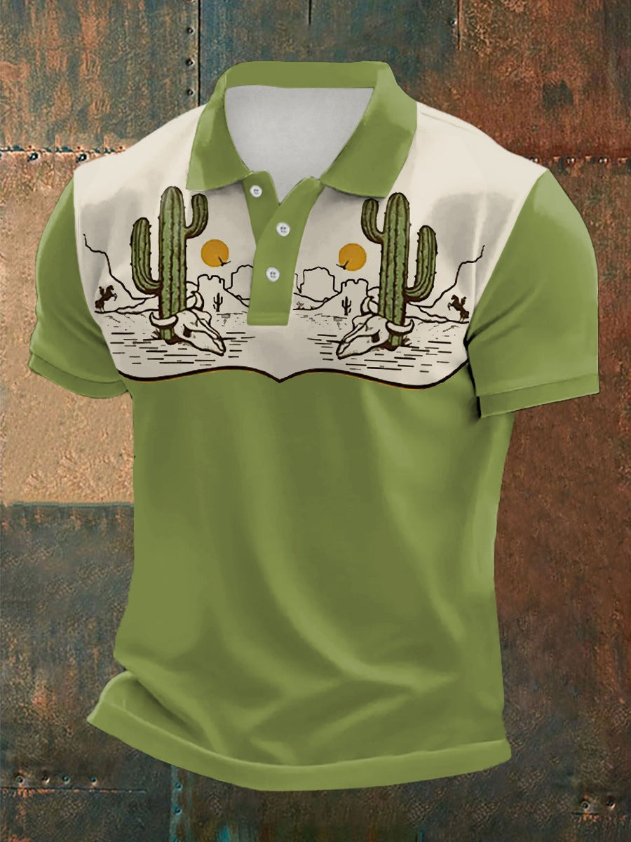 Men's Retro Western Bull Skull Desert Cactus Polo Shirt Gifts For Husband Men's Retro Western Bull Skull Desert Cactus Polo Shirt Gifts For Husband