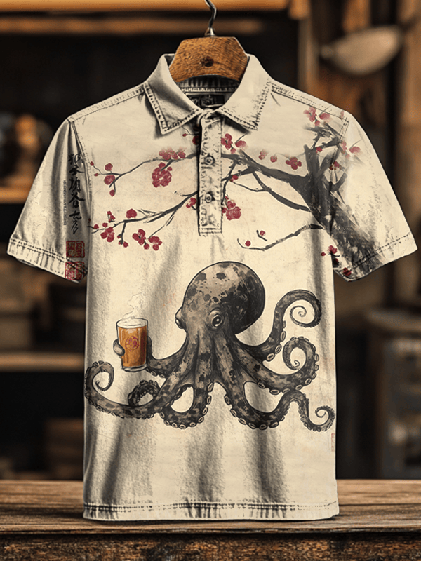 Octopus Holding A Glass Of Beer Under The Cherry Blossom Tree Calligraphy Japanese Art Polo Shirt Octopus Holding A Glass Of Beer Under The Cherry Blossom Tree Calligraphy Japanese Art Polo Shirt