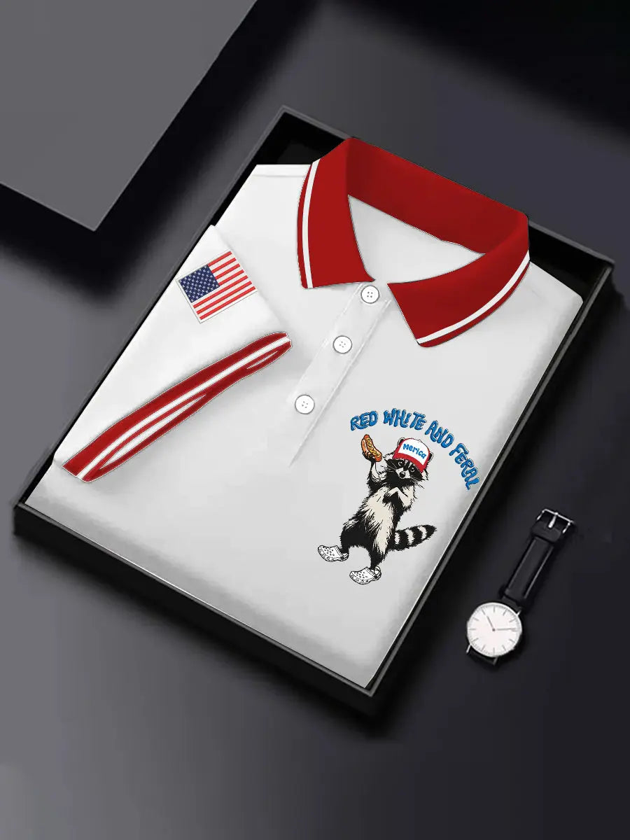 Red White and Feral American Flag Polo Shirt Patriotic Gift for Fourth of July Fans Red White and Feral American Flag Polo Shirt Patriotic Gift for Fourth of July Fans