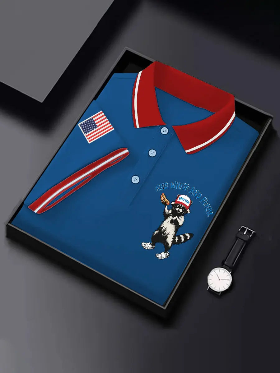 Red White and Feral American Flag Polo Shirt Patriotic Gift for Fourth of July Fans Red White and Feral American Flag Polo Shirt Patriotic Gift for Fourth of July Fans