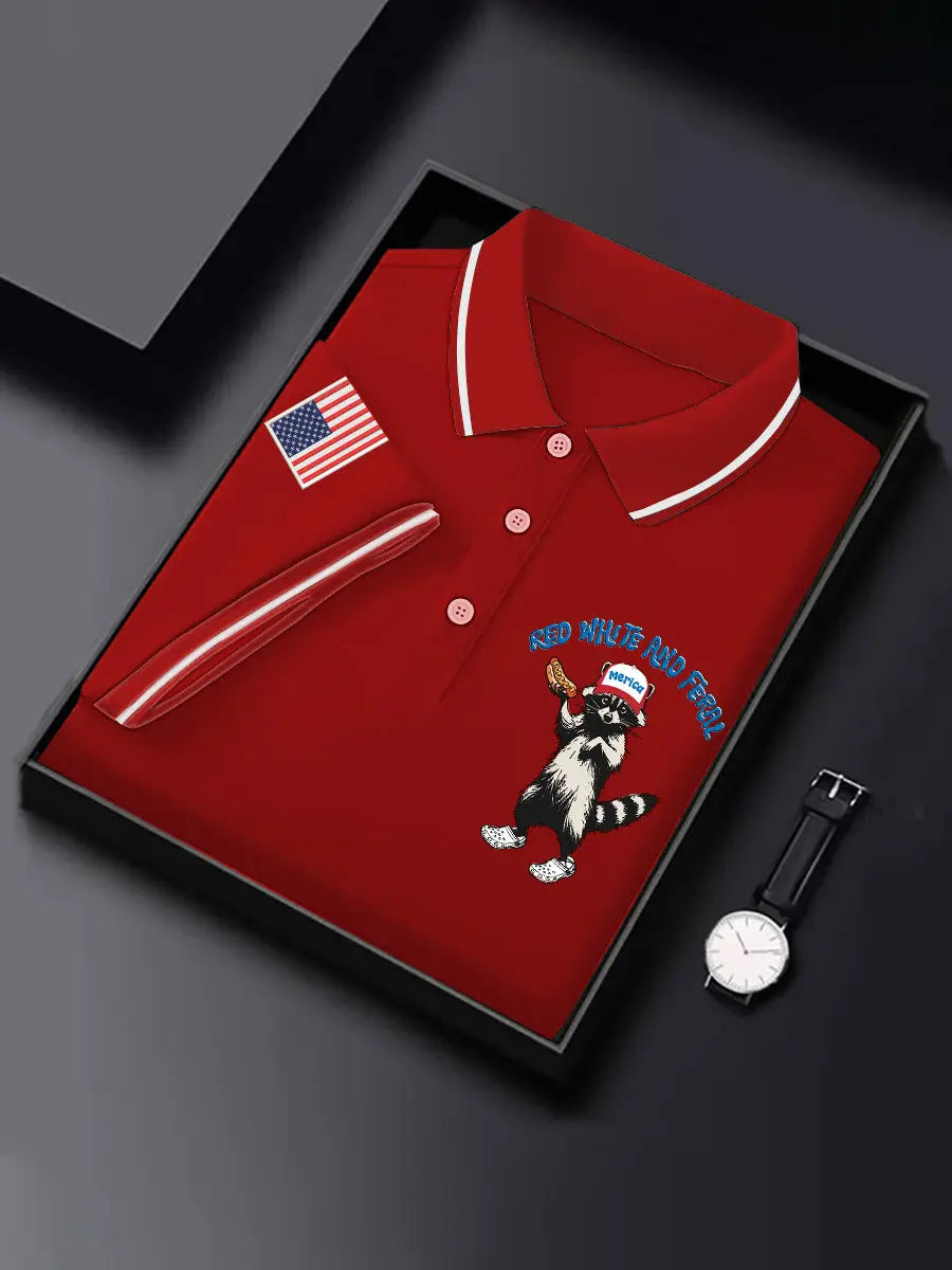 Red White and Feral American Flag Polo Shirt Patriotic Gift for Fourth of July Fans Red White and Feral American Flag Polo Shirt Patriotic Gift for Fourth of July Fans