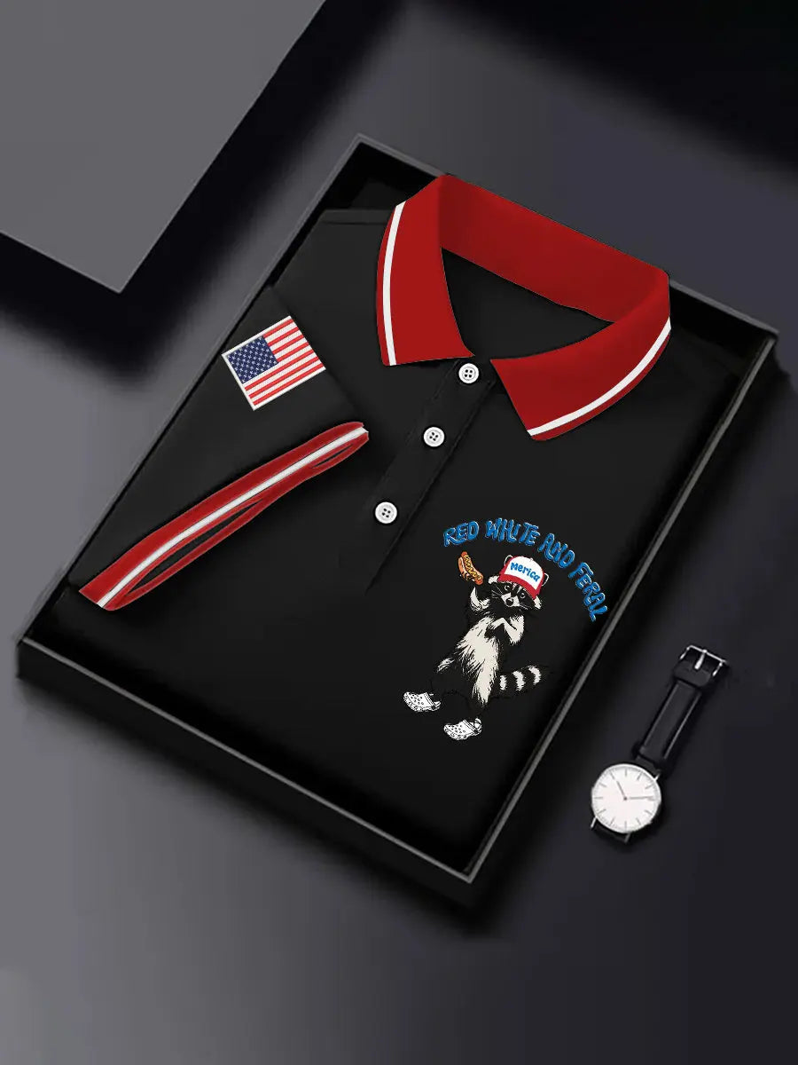 Red White and Feral American Flag Polo Shirt Patriotic Gift for Fourth of July Fans Red White and Feral American Flag Polo Shirt Patriotic Gift for Fourth of July Fans