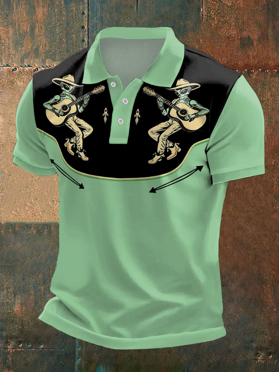 Retro Western Alien Cowboy Play Guitar Polo Shirt Birthday Gifts For Music Lovers Retro Western Alien Cowboy Play Guitar Polo Shirt Birthday Gifts For Music Lovers