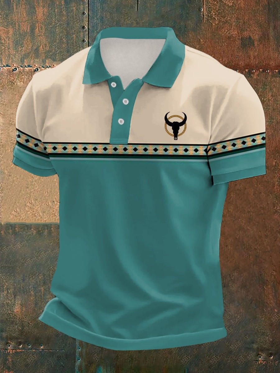 Retro Western Bull Skull Aztec Polo Shirt Music Lover Gifts For Him Retro Western Bull Skull Aztec Polo Shirt Music Lover Gifts For Him