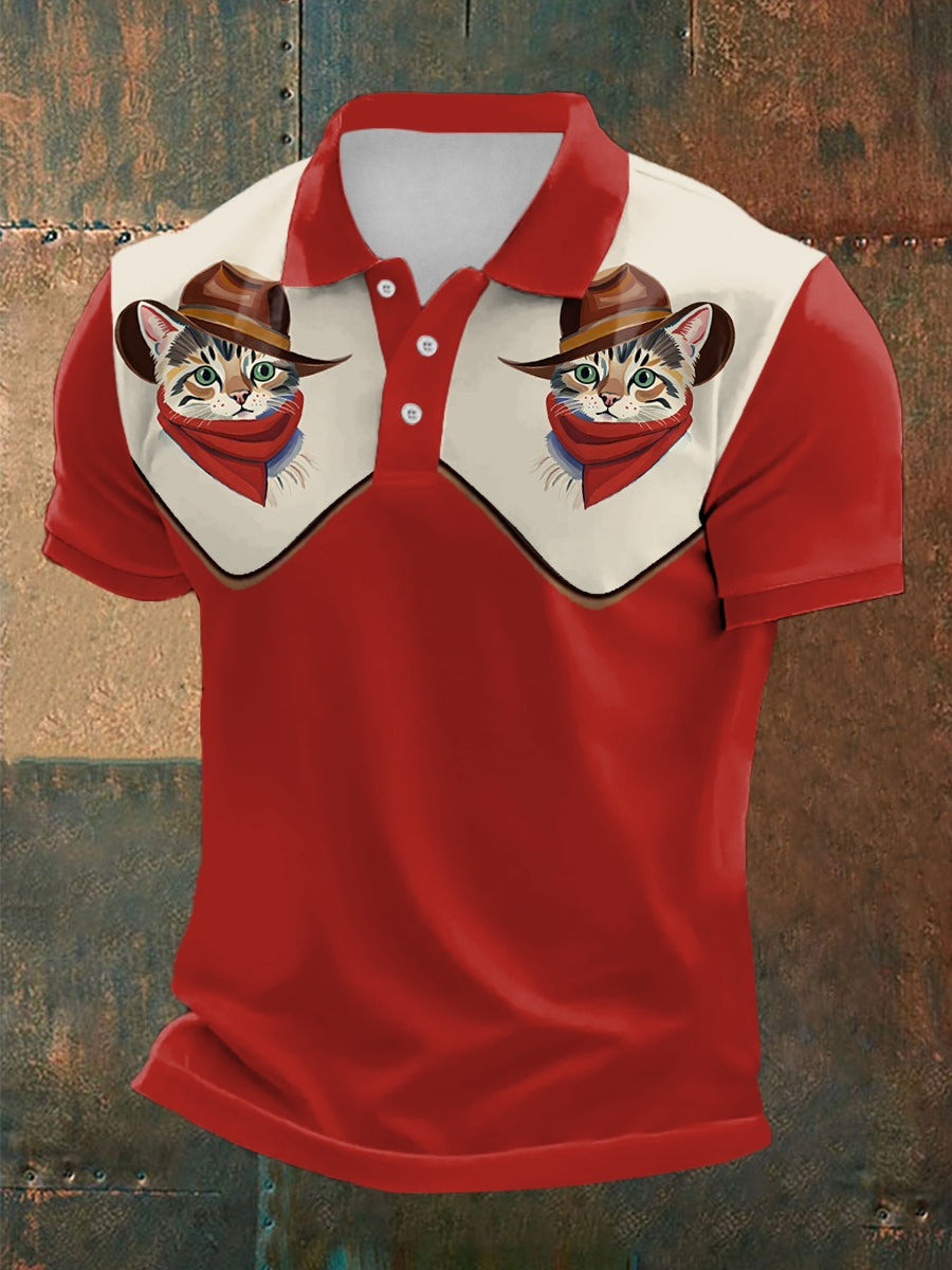 Retro Western Cowcat Print Polo Shirt Gifts For Cat Lovers Retro Western Cowcat Print Polo Shirt Gifts For Cat Lovers