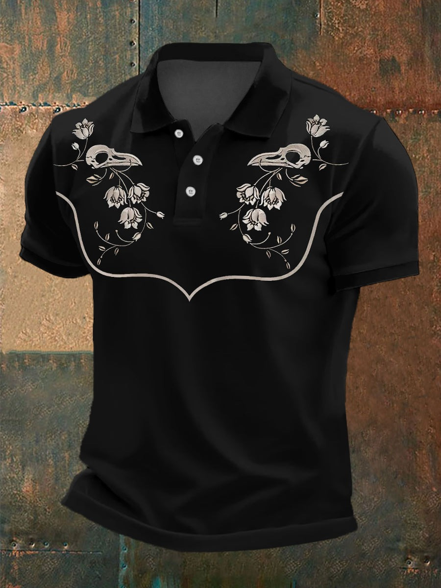 Retro Western Flower And Raven Skull Print Polo Shirt Gifts For Men's Retro Western Flower And Raven Skull Print Polo Shirt Gifts For Men's