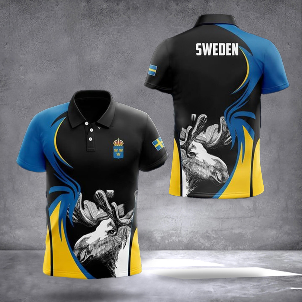 Sweden National Animal Polo Shirt Moose Swedish Flag Golf Shirt For Men Sweden National Animal Polo Shirt Moose Swedish Flag Golf Shirt For Men
