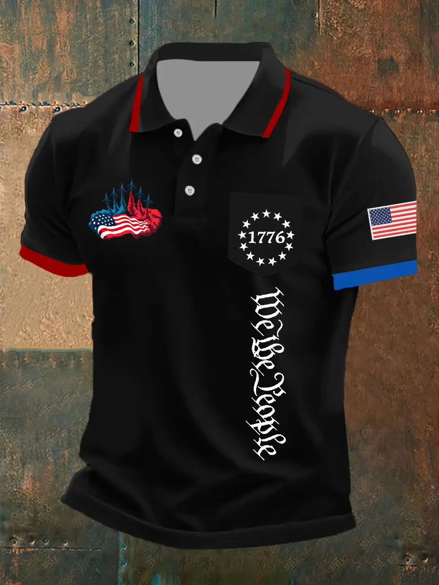 USA Flag 1776 Polo Shirt with We the People Print Patriotic Gift for History Enthusiasts USA Flag 1776 Polo Shirt with We the People Print Patriotic Gift for History Enthusiasts