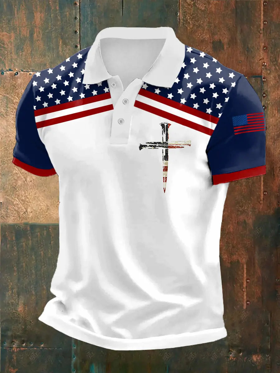 USA Flag Cross Polo Shirt Casual Men's Patriotic Gift for Christian Supporters USA Flag Cross Polo Shirt Casual Men's Patriotic Gift for Christian Supporters
