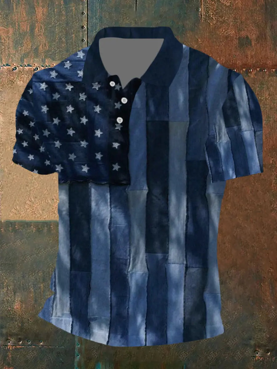 USA Flag Denim Polo Shirt Perfect Patriotic Gift for Independence Day Short Sleeved Style USA Flag Denim Polo Shirt Perfect Patriotic Gift for Independence Day Short Sleeved Style