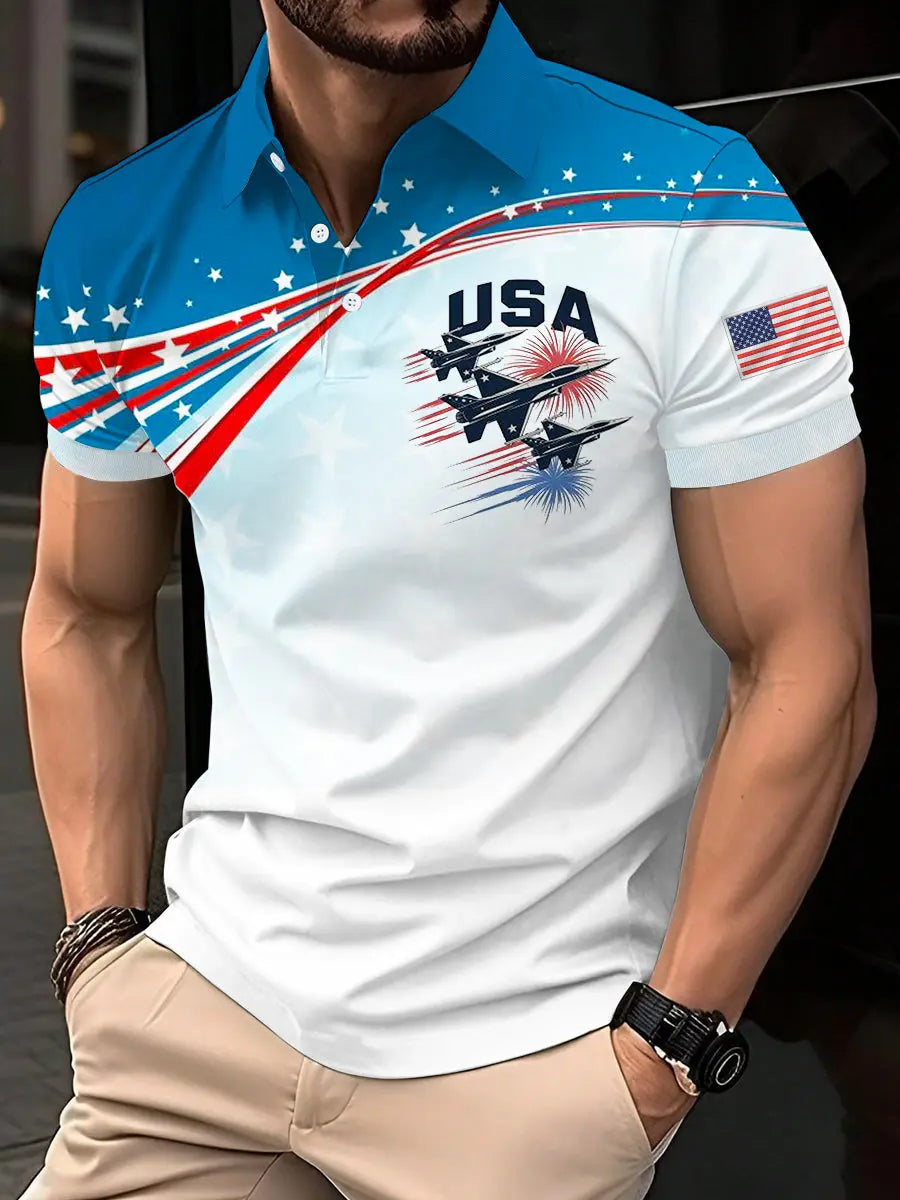 USA Flag Fighter Jets Men's Polo Shirt Patriotic Gift for Independence Day Fans USA Flag Fighter Jets Men's Polo Shirt Patriotic Gift for Independence Day Fans