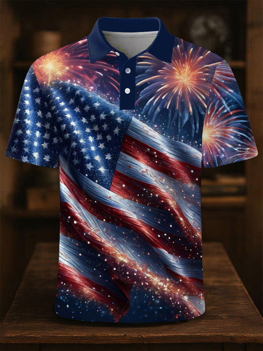USA Flag Fireworks Men's Polo Shirt Patriotic Gift for Independence Day Fans Casual Wear USA Flag Fireworks Men's Polo Shirt Patriotic Gift for Independence Day Fans Casual Wear
