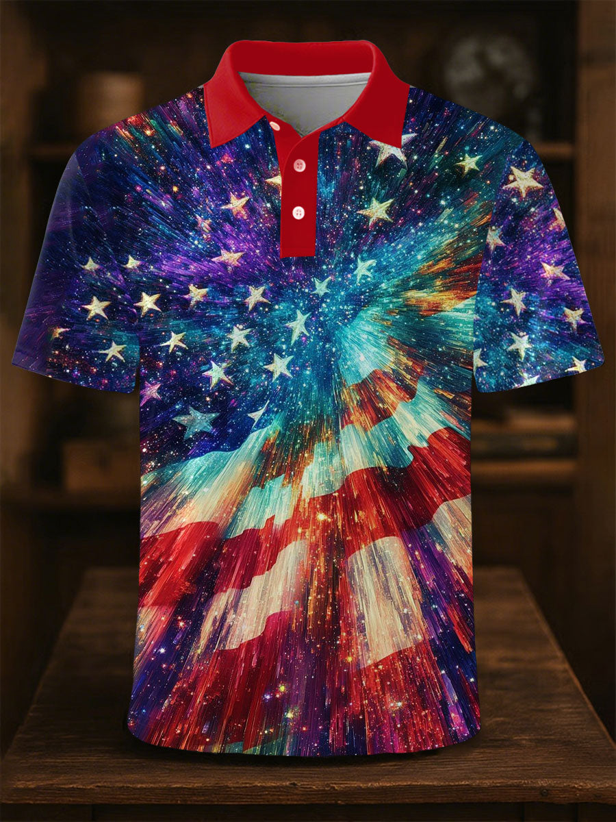 USA Flag Fireworks Polo Shirt Patriotic Gift for Independence Day Fans Star Print Top USA Flag Fireworks Polo Shirt Patriotic Gift for Independence Day Fans Star Print Top