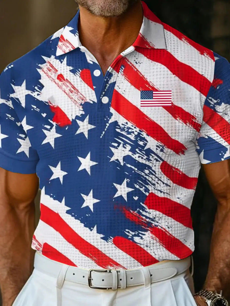USA Flag Golf Shirt Men's Patriotic Gift for American Pride Supporters Waffle Texture Polo USA Flag Golf Shirt Men's Patriotic Gift for American Pride Supporters Waffle Texture Polo