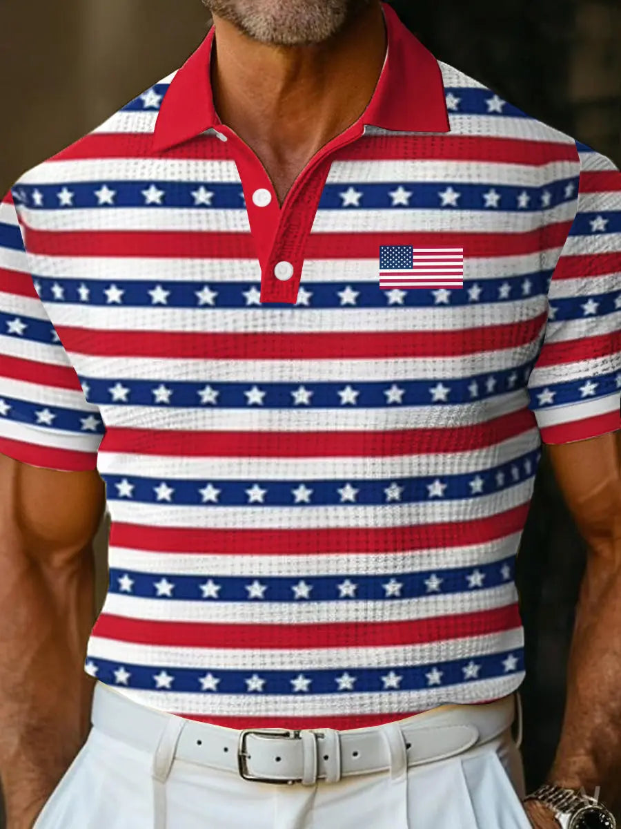 USA Flag Golf Shirt Patriotic Gift for Supporters Casual Men's Waffle Fabric Top USA Flag Golf Shirt Patriotic Gift for Supporters Casual Men's Waffle Fabric Top