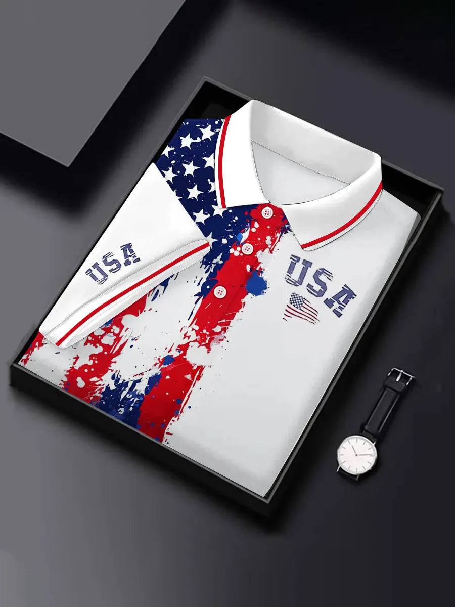 USA Flag Men's Polo Shirt Patriotic Gift for Supporters with American Pride Style USA Flag Men's Polo Shirt Patriotic Gift for Supporters with American Pride Style