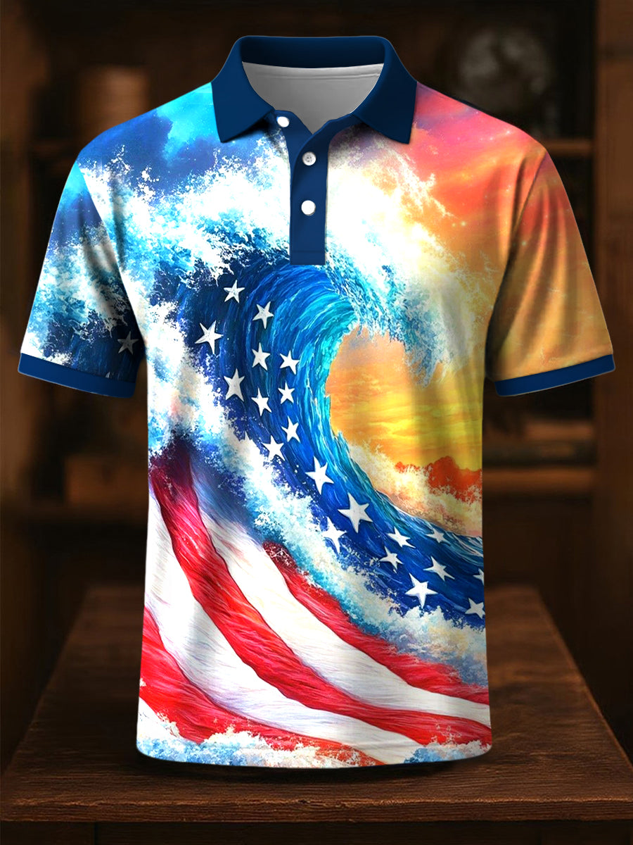 USA Flag Patriotic Polo Shirt Independence Day Gift for Supporters Blue Wave Design USA Flag Patriotic Polo Shirt Independence Day Gift for Supporters Blue Wave Design